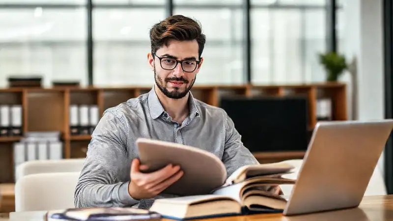 Joven profesional estudia derecho con determinación