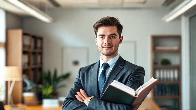 Joven abogada moderna en oficina inspiradora y confiante