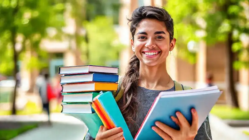 Estudiante feliz elige cursos en campus vibrante