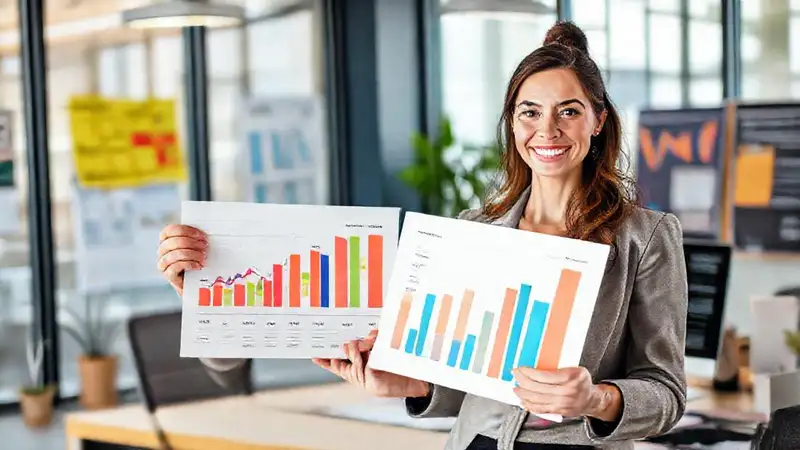 Mujer presenta gráficos en oficina moderna
