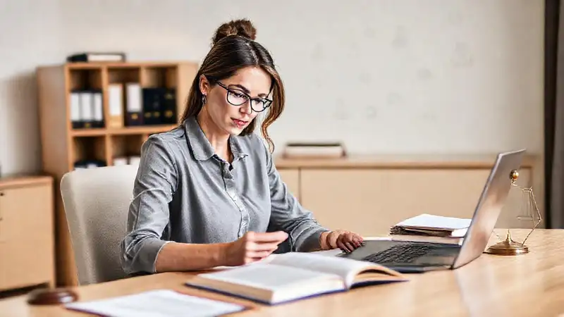 Mujer estudiando leyes en oficina organizada