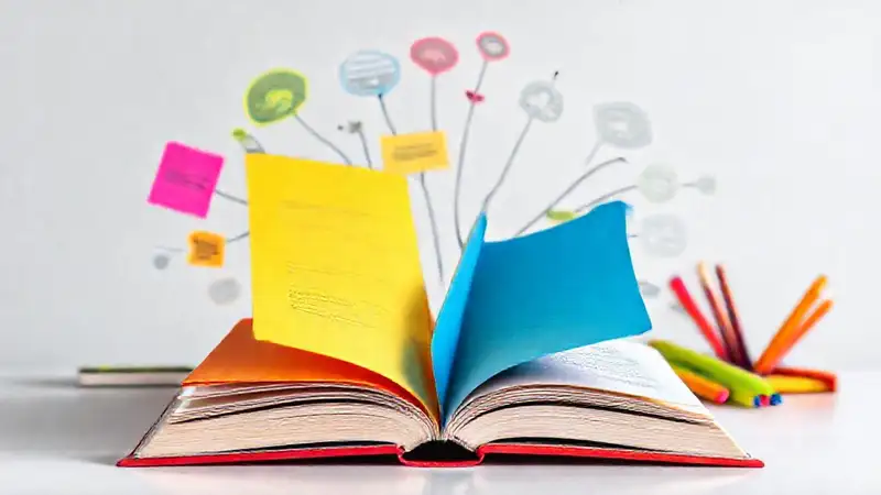 Libro abierto con notas y ideas coloridas
