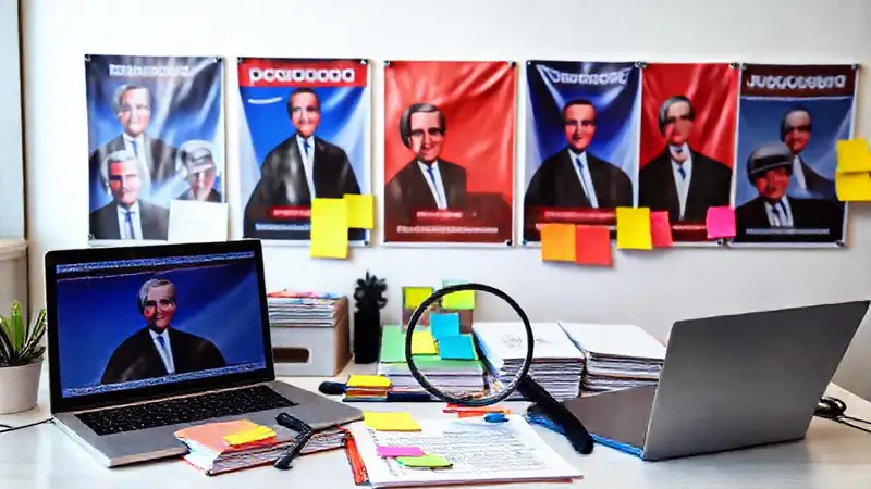 Mesa de estudio con posters y materiales políticos