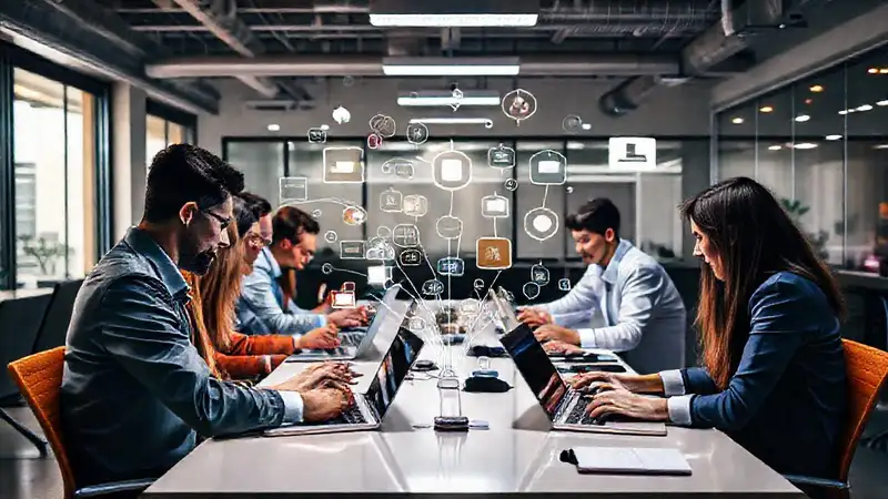 Herramientas digitales y comunicación en oficina moderna