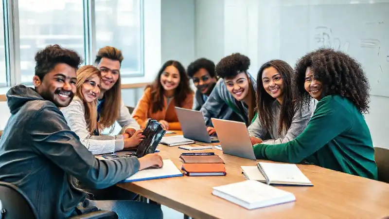 estudiantes colaborando en aula moderna y organizada