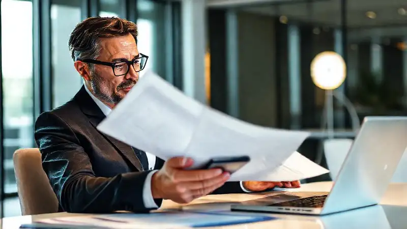 Profesional revisa finanzas en oficina moderna