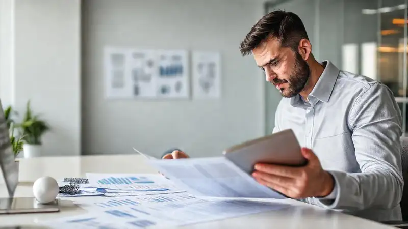 Auditor revisando finanzas en oficina moderna
