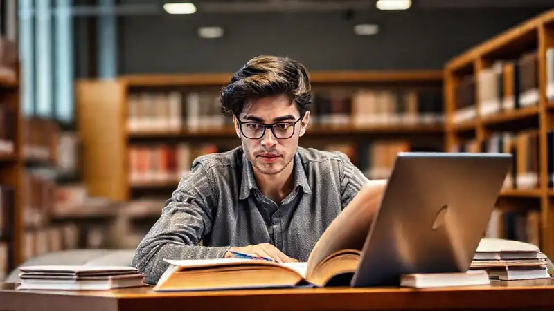 Estudiante de derecho estudiando en biblioteca