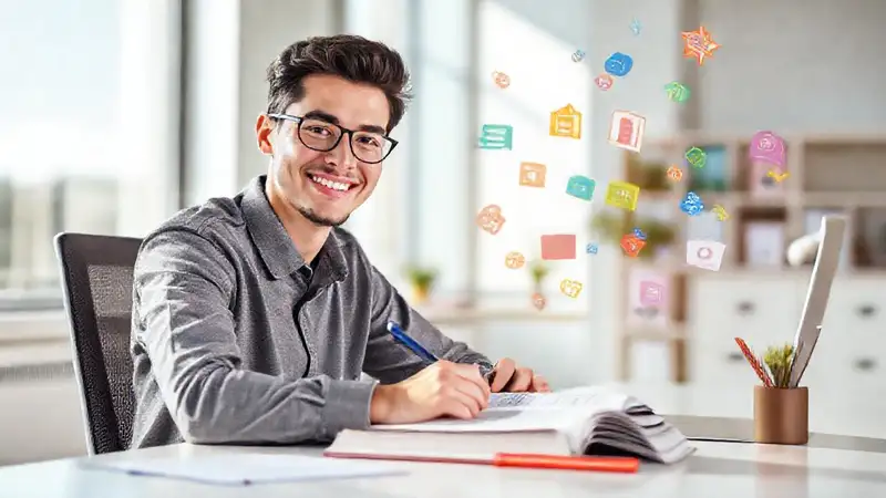 Joven profesional en oficina moderna y alegre