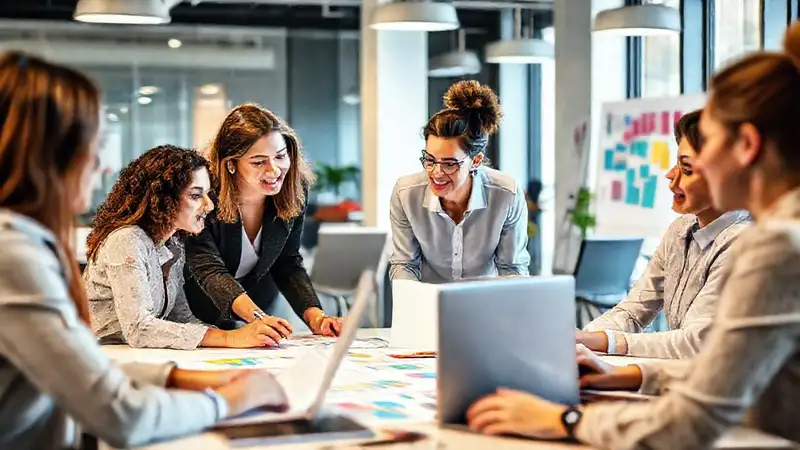 Mujeres profesionales colaborando en oficina moderna