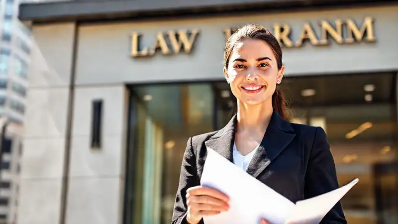 Mujer profesional frente a firma legal moderna