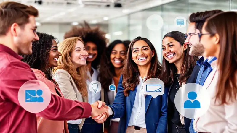 Grupo diverso celebra interacción en oficina moderna