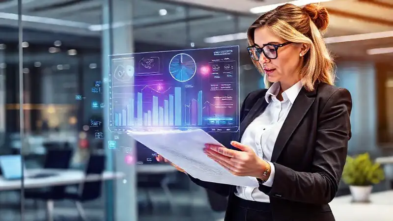Ejecutiva revisa informes financieros y gráficos holográficos