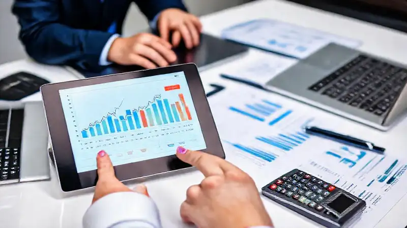 Tableta digital con gráficos financieros y oficina