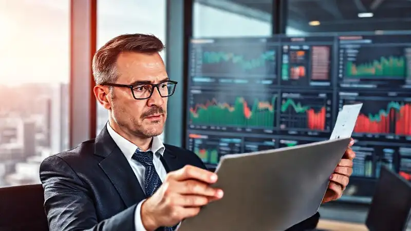Líder empresarial analizando gráficos financieros