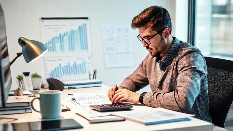 Estudiante estudia finanzas en escritorio organizado