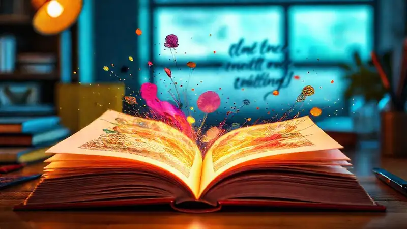 Libro abierto, páginas brillantes, inspiración y color