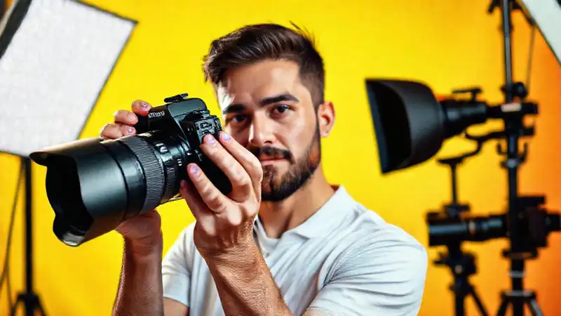 Fotógrafo profesional con cámara moderna y equipo avanzado