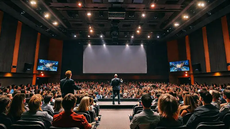 Presentador profesional en auditorio moderno y dinámico