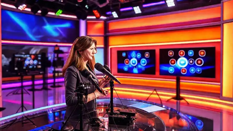 Mujer profesional transmitiendo en estudio moderno