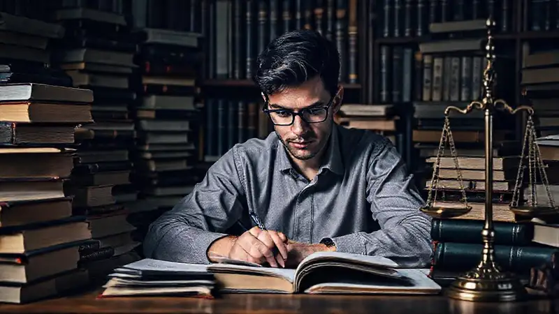 Estudiante estudia con libros y símbolos legales
