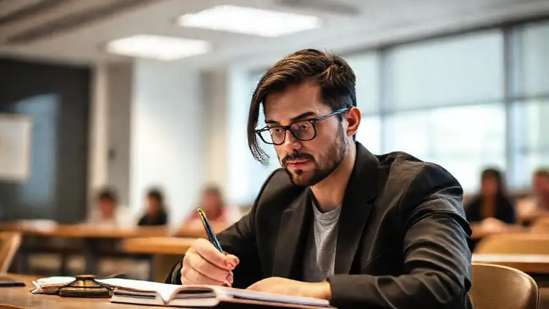Estudiante practicando en aula con libros