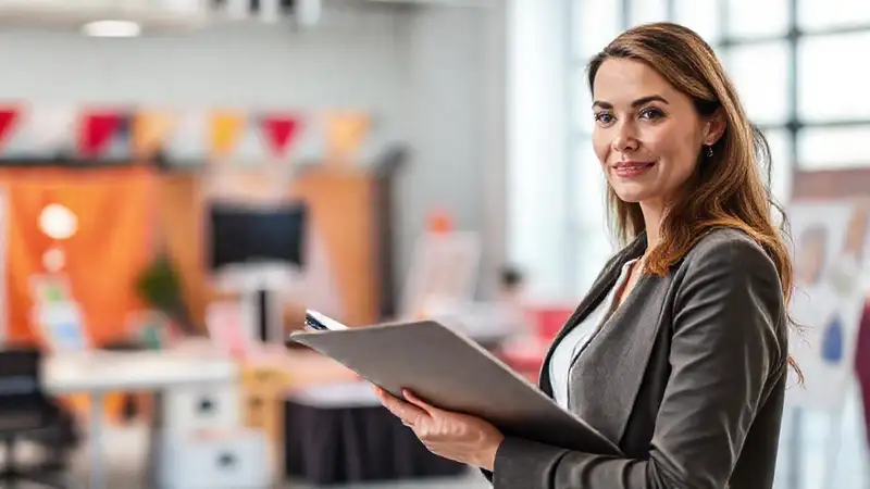 Mujer profesional organiza evento con atención