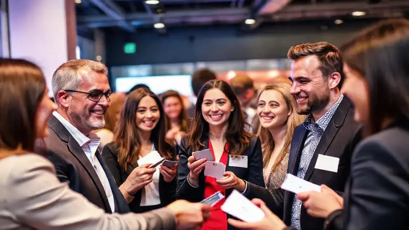 Personas de negocios intercambiando tarjetas en evento
