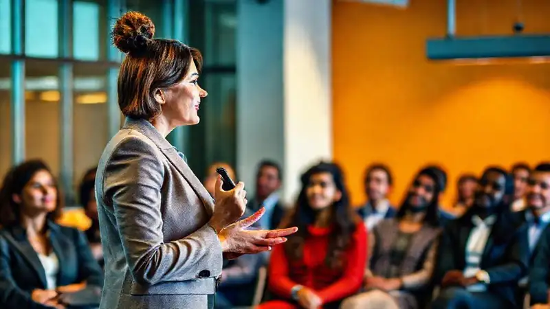 Mujer profesional habla con confianza en conferencia
