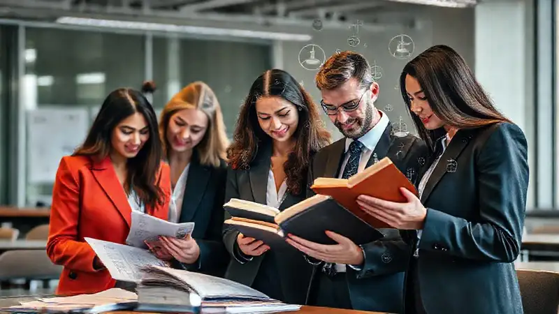 Estudiantes de derecho en aula moderna y profesional
