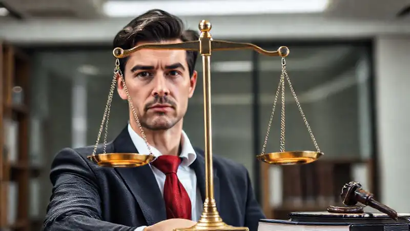 Abogado en sala con simbolos de justicia