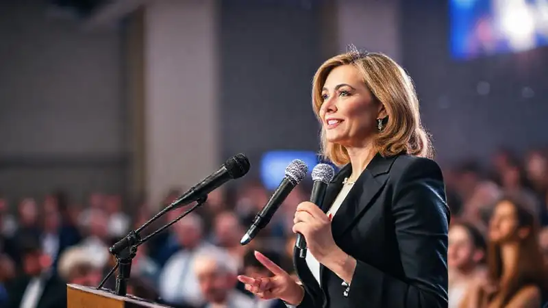 Mujer profesional habla en conferencia confiada