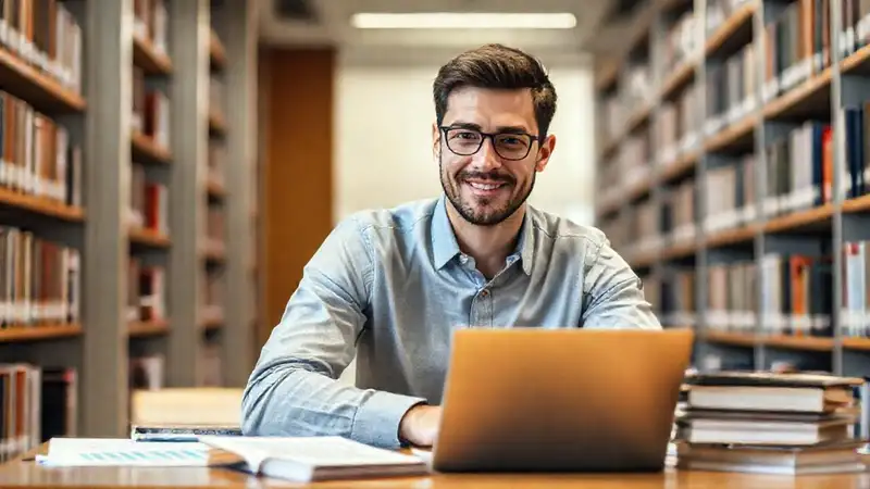Estudiante estudia en biblioteca con confiado