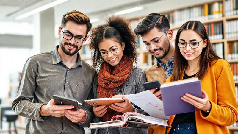 Estudiantes estudian contabilidad en biblioteca moderna