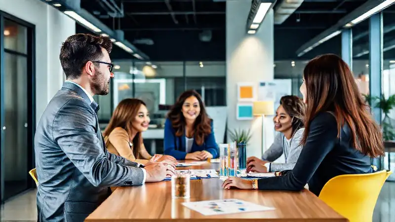 Profesional confía en equipo diverso y moderno