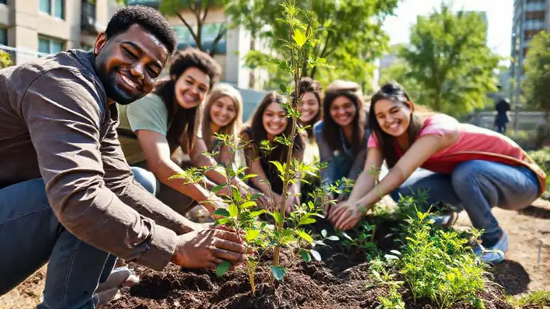 Voluntarios plantando árboles en comunidad urbana