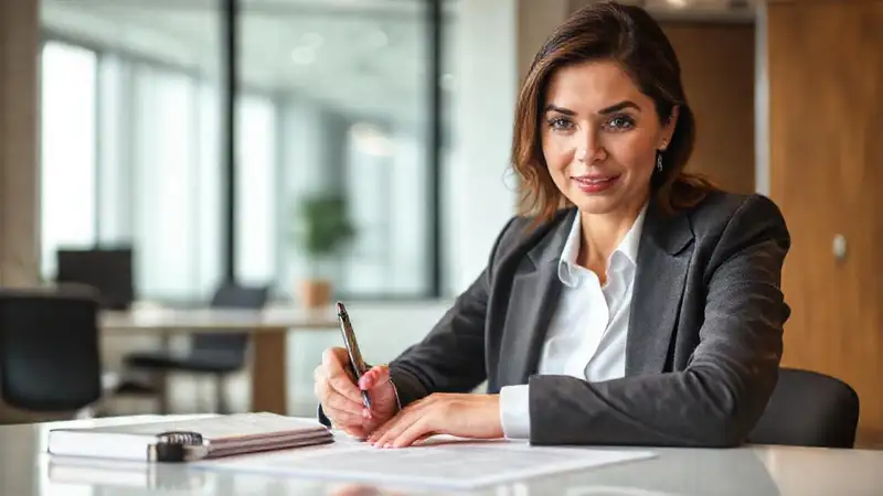 Mujer escribiendo documentos legales en oficina