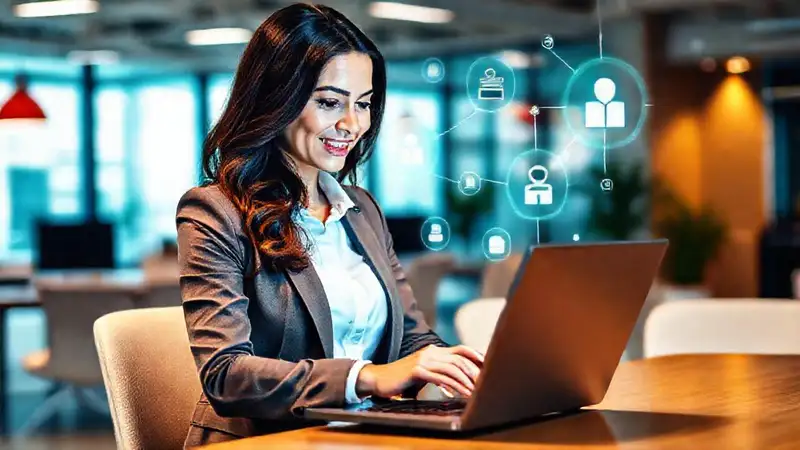 Mujer profesional conectada en oficina moderna