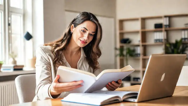 Mujer profesional estudiando en oficina moderna