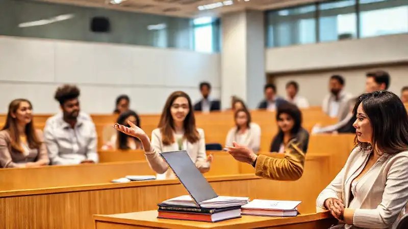 Estudiante presenta en tribunal con colegas y recursos