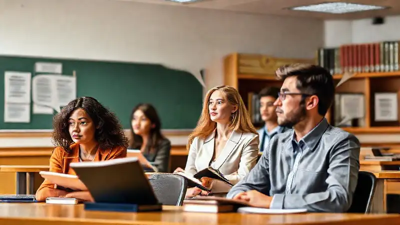 Estudiantes atentos en aula con libros y juez