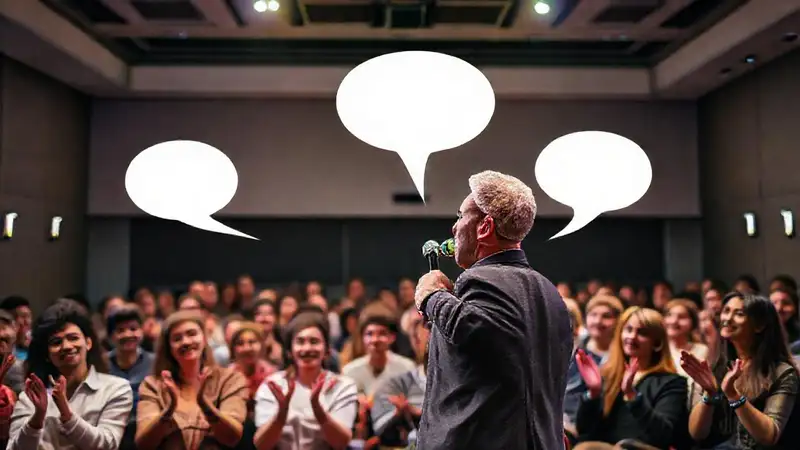 Orador confiado motiva audiencia en escenario vibrante