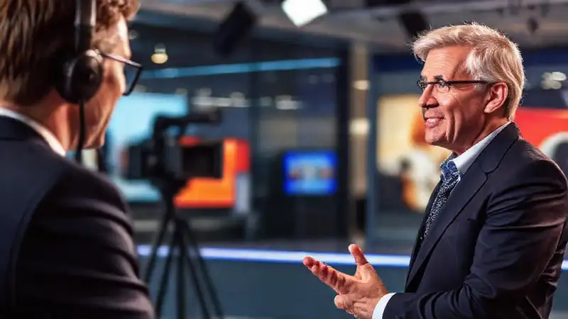Periodista entrevistando con confianza y claridad