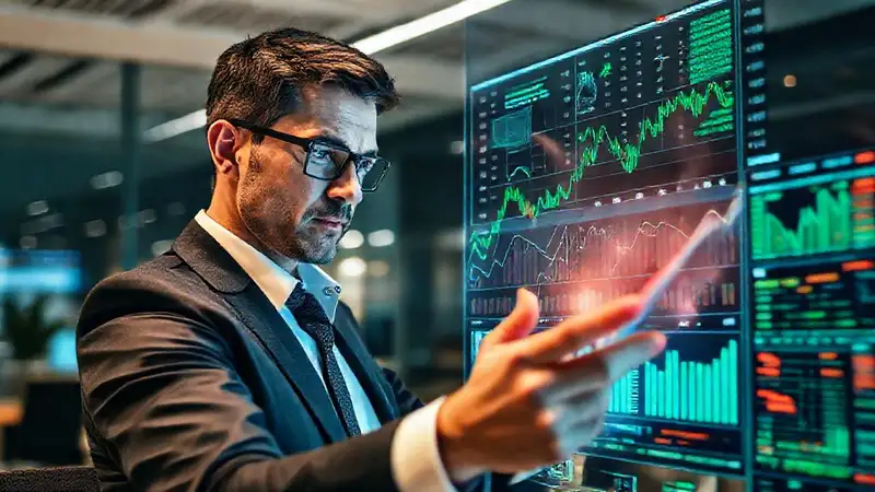 Profesional analizando datos financieros en oficina moderna