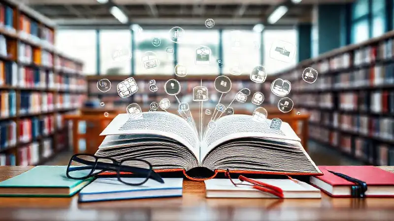 Libro digital en biblioteca moderna y tecnológica