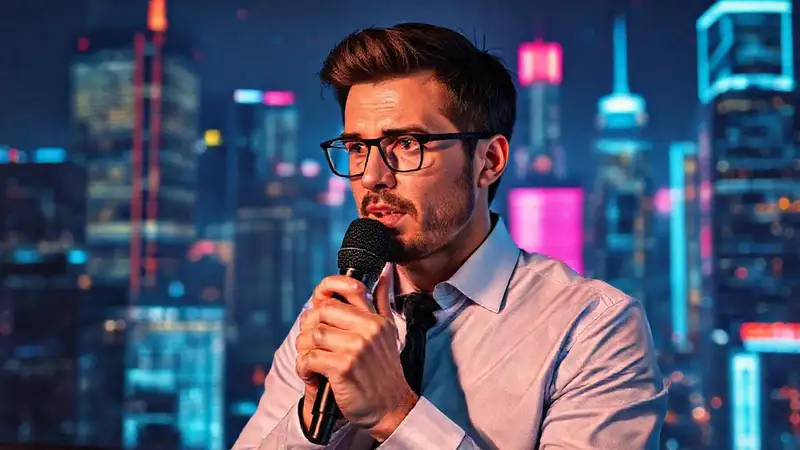 Periodista en ciudad moderna con iconos digitales