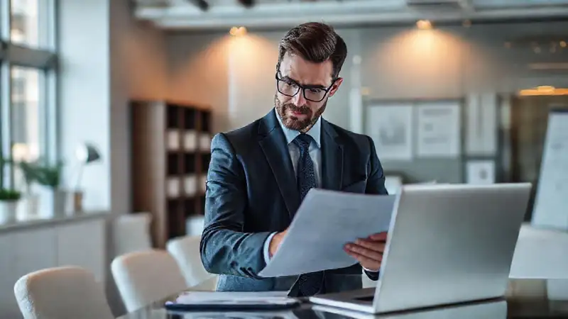 Contador profesional revisando documentos en oficina moderna