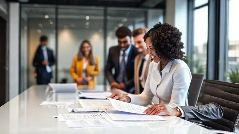 Contador en oficina moderna colaborando con responsable alegría