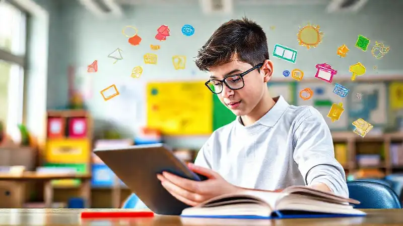 Estudiante aprendiendo con libros y tecnología