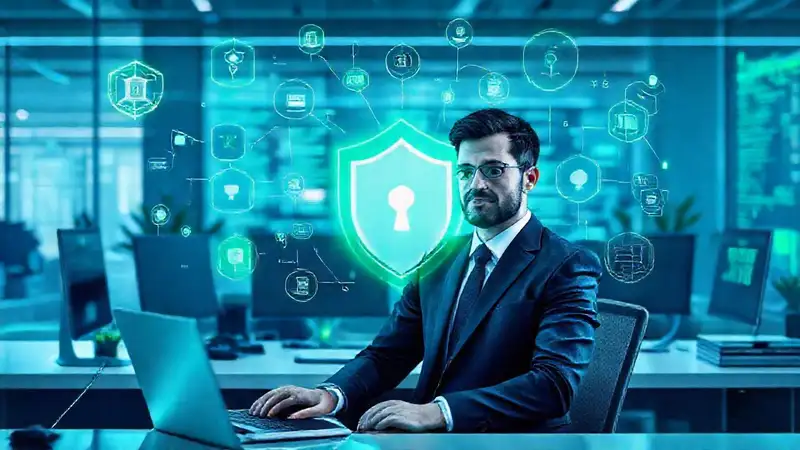 Contador en oficina moderna, seguridad digital